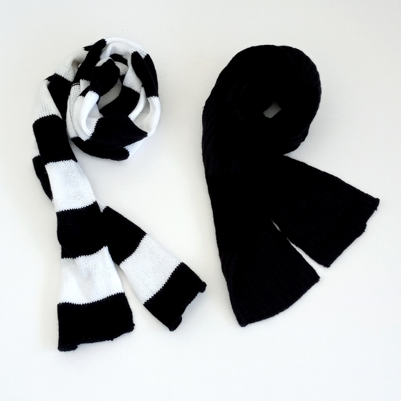 🌿 Set of 2 Thin Scarves Black White Stripes & Black & Grey Striped Scarves - Picture 4 of 9